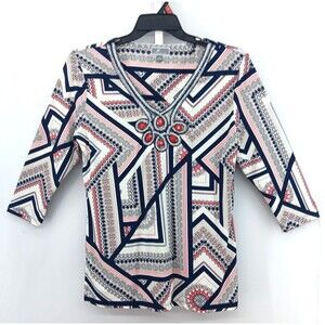 JM Collection Blouse Women Small White Blue Geometric Beaded 3/4 Sleeve V Neck